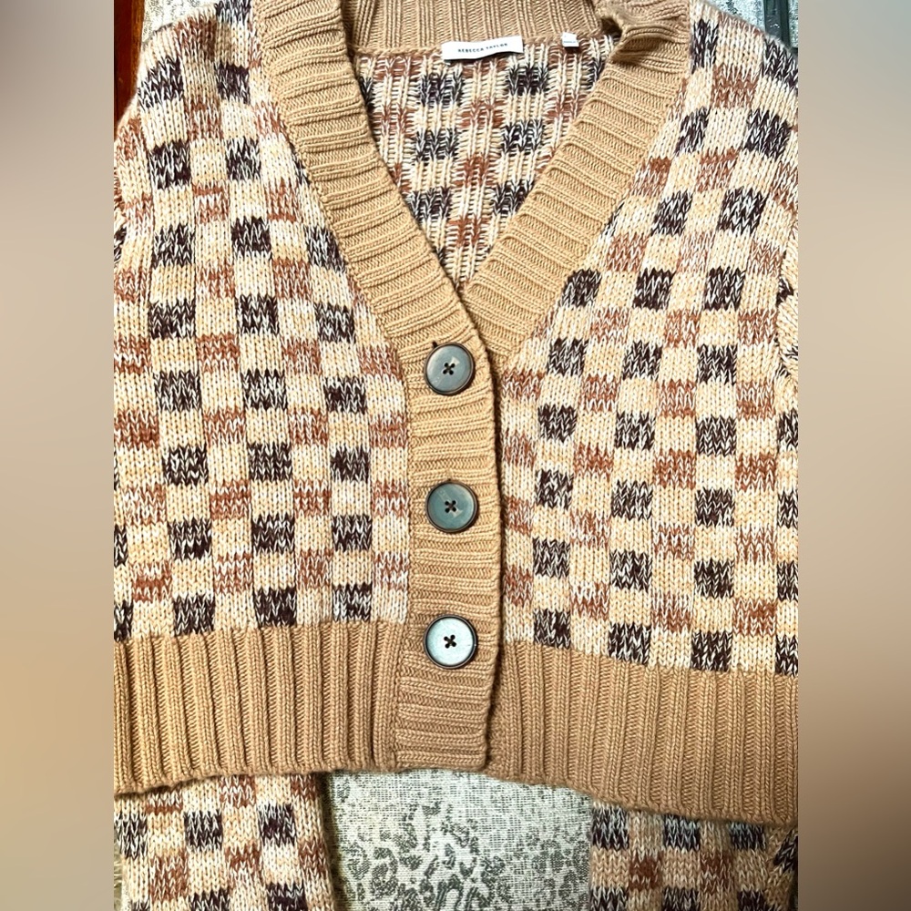 Rebecca Taylor 🥰NWOT Cashmere Wool Sweater Cardigan Jacquard Crop Small Checker - Picture 11 of 16